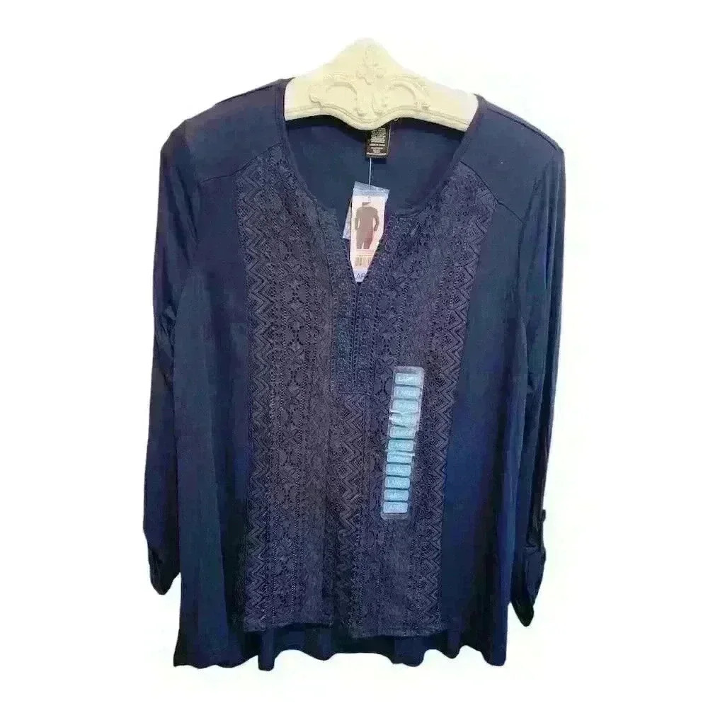 RXB Women's Blue V-Neck Blouse L 3/4 Sleeve Embroidered Top